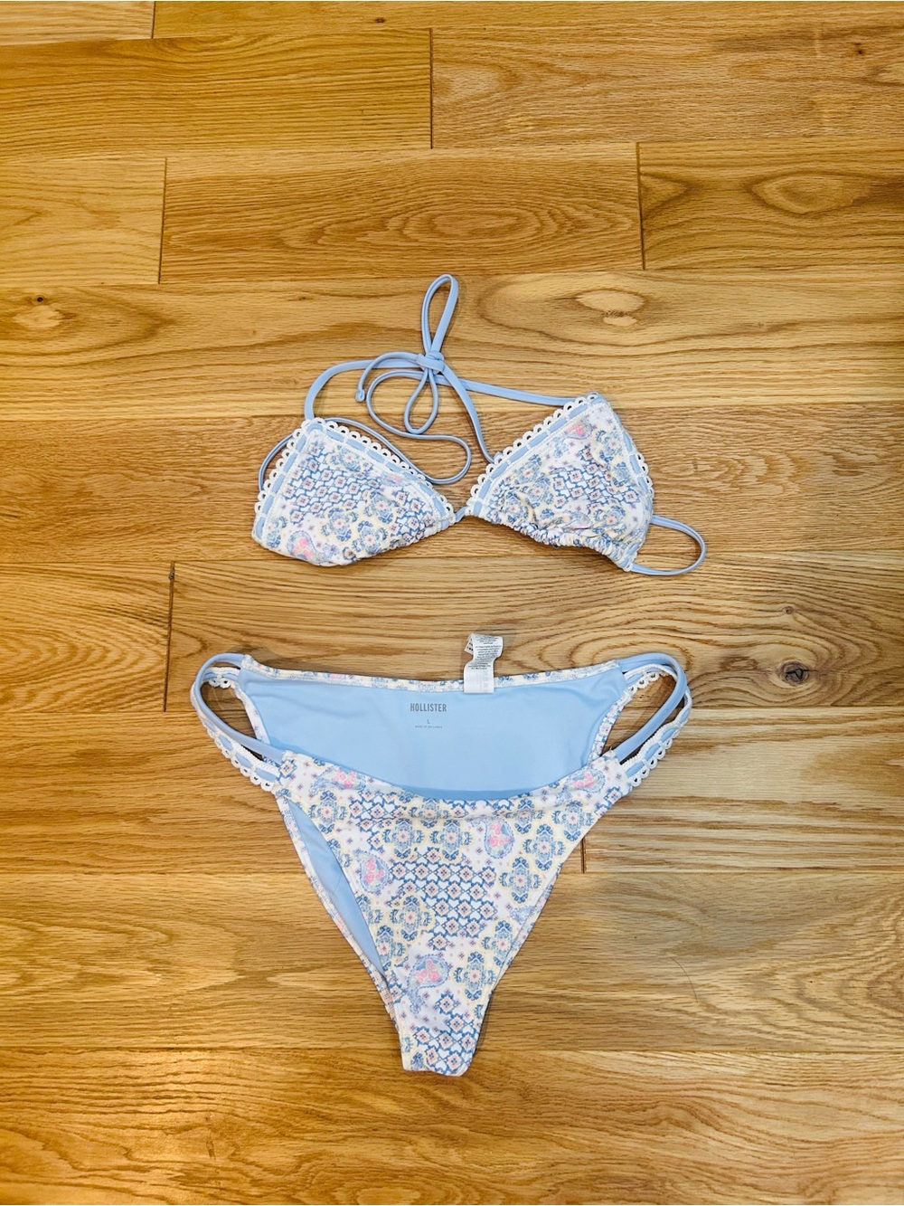 Hollister Pastel Blue Floral Crochet Triangle Bikini